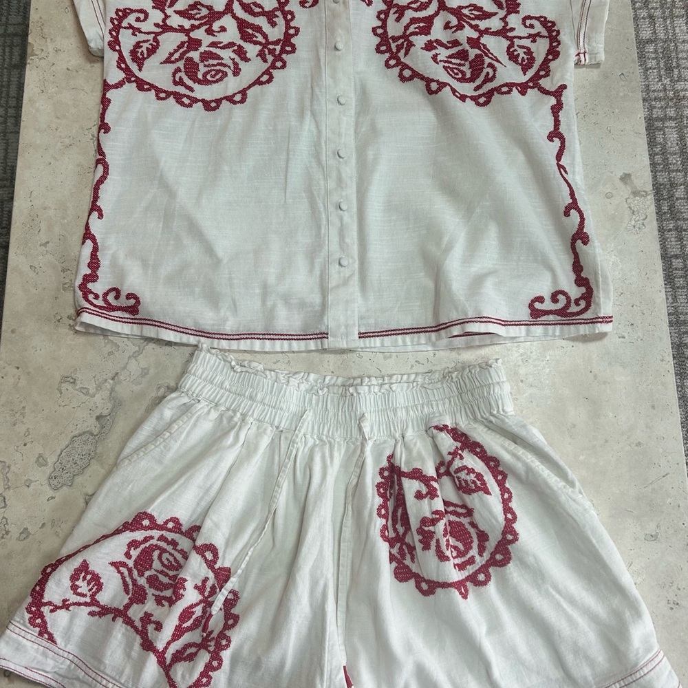 Free People White Button-Down Set with Red Embroidered Floral Detail
